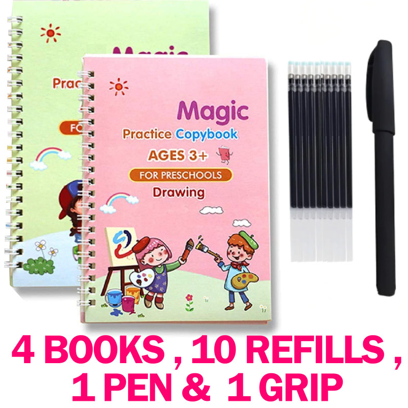 4 in 1 Sank Magic Book | Reusable Magic Practice Copy Book | 4 books + 1 Pen + 5 Refills +1 Grip
