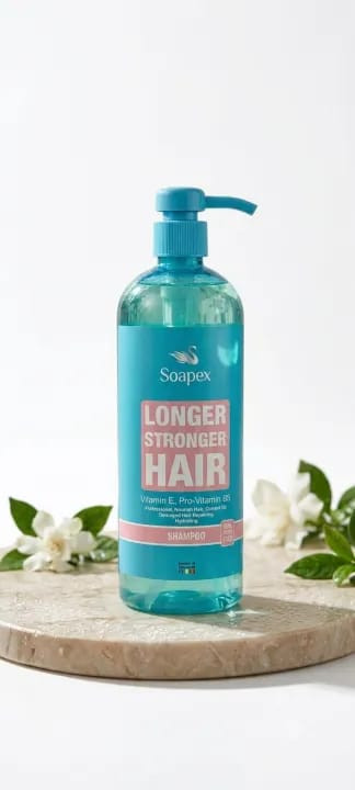 Soapex Longer Stronger Hair Shampoo enriched with Vitamin E and Pro-Vitamin B5.